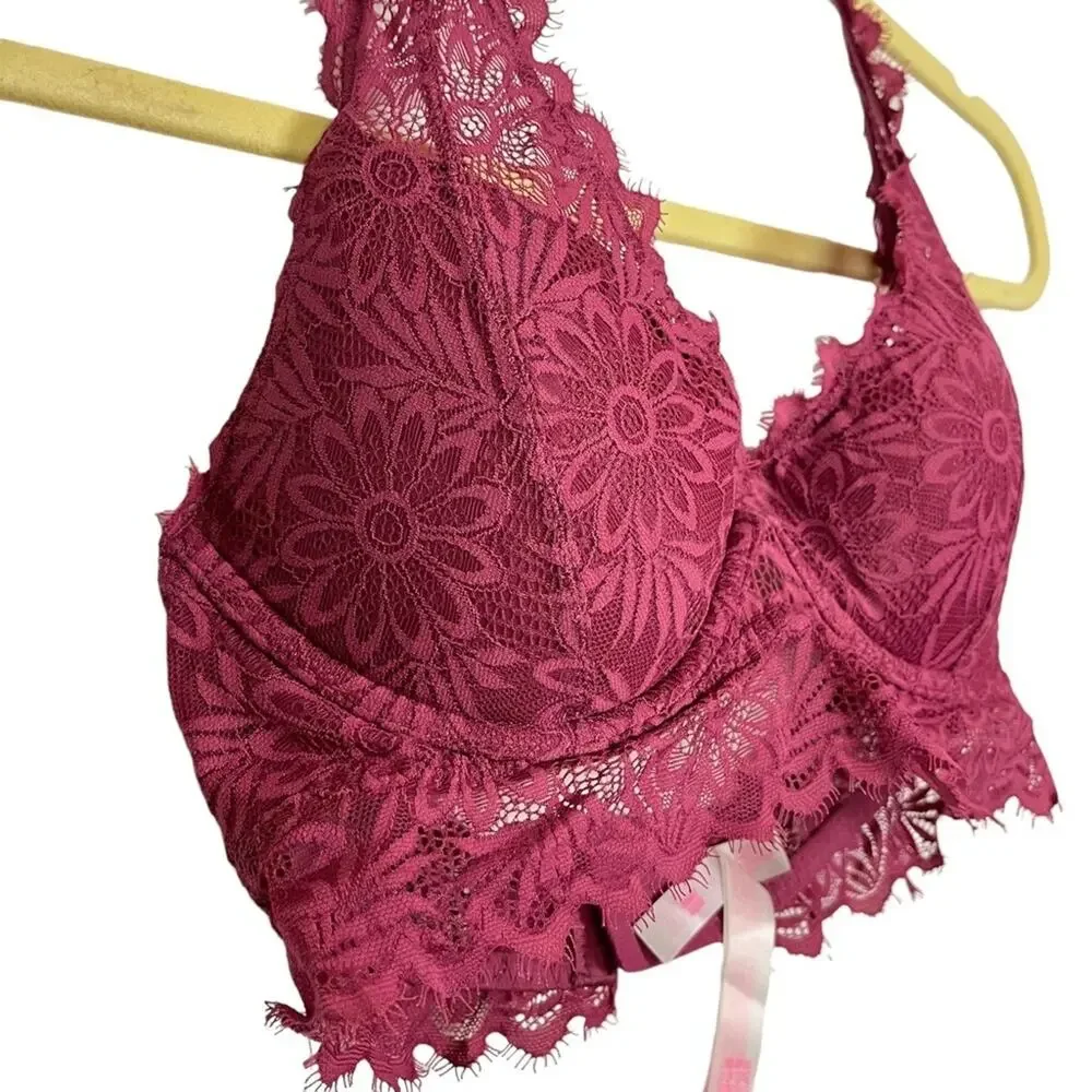 VICTORIA'S SECRET Pink Lace Floral Halter Lightly Lined BRALETTE Bra Underwire S